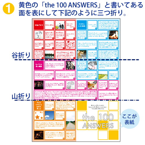 黄色の「the 100 ANSWERS」と書いてある面を表にして下記のように三つ折りにします。