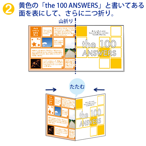 黄色の「the 100 ANSWERS」と書いてある面を表にしてさらに下記のように二つ折りにします。